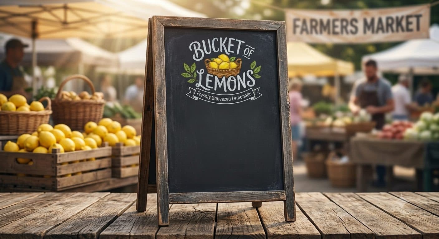 Bucket of Lemons chalkboard sign at the farmers market